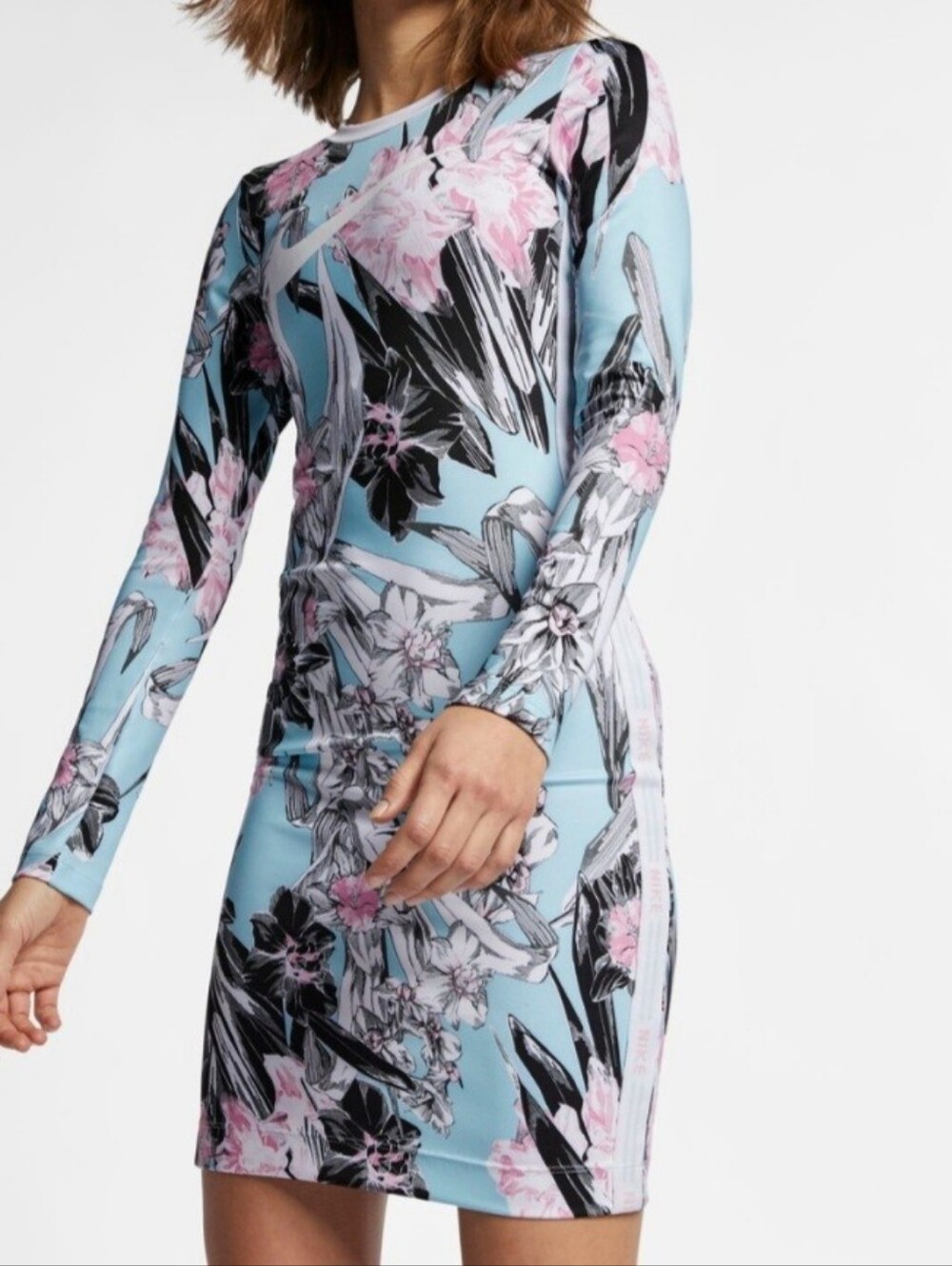 Nike Long-Sleeve Floral Midi Dress in Light Blue, Pink and Black